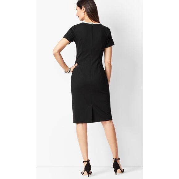 TALBOTS PONTE KNIT DRESS SIZE 6-BLACK-IVORY TRIM-BACK ZIP & SLIT-SHORT SLEEVES - Picture 2 of 11